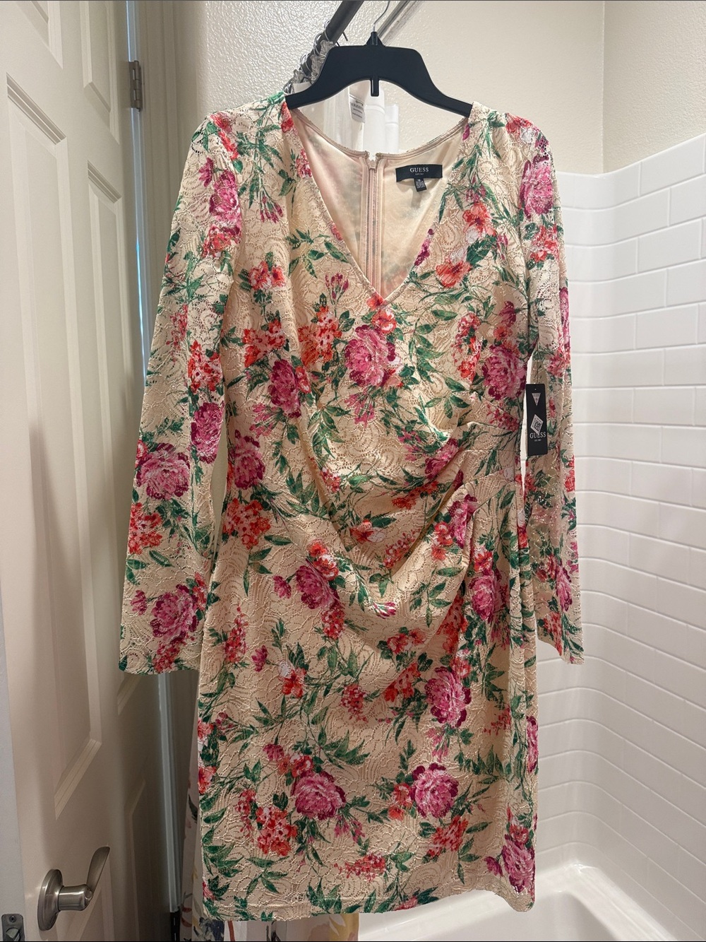 Guess Cream Floral Long-Sleeve Wrap Dress with Pink & Green Accents